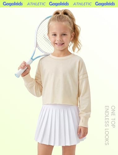Gogokids Girls Shirts Long Sleeve Athletic Shirts Open Back Tops Active Sports Tshirts Yoga Workout Crop Tees, A-Beige, 9-10 Years — view 3