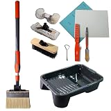 PinStone 13pcs Deck Stain Brush Kit - 7' Adjustable Deck Stain Brush, 9' Lambskin Applicator with Refill Pads, 9' Scrub Brush, 10' Paint Tray, 2-3ft Extension Pole for Staining Wood, Masonry, Floors