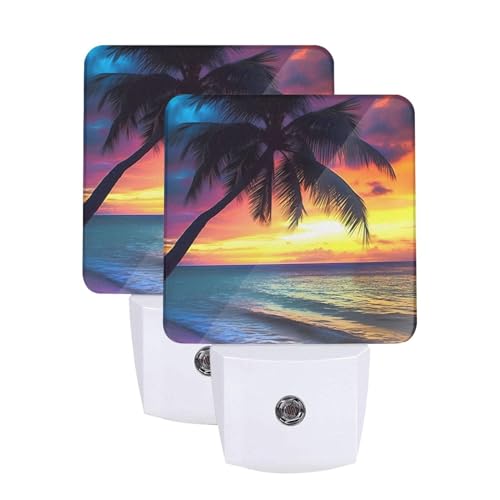 Image of Sunset Beach Night Light Set of 2, Coconut Tree Auto Sensor LED Dusk-to-Dawn Nightlights, Plug-in Sensor Lamp for Bedroom Bathroom Kitchen Hallway Stairs Decorative