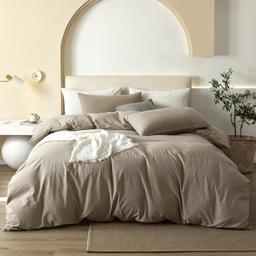 JIYUAN Queen Size Duvet Cover Set, 3-Piece - 100% Washed Cotton, Linen-Like Soft & Breathable with Zipper Closure, Includes 90x90 Inch Cover & 2 Pillowcases, Solid Khaki by JIYUAN - Used condition - US$58.20