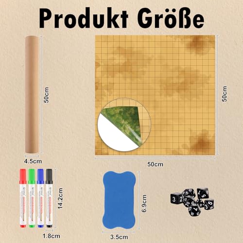Dungeon Grid Game Mat Doppelseitige Rpg Matte 50x50cm Trockenlöschmatte Würfel für DND Zubehör mit 4 Trocken Abwischbare Marker 1WhiteboardRadierer 7 Würfel für Kriegsspiele Brettspiele Accesorie