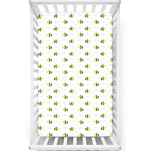 Image of Honey Bee Themed Fitted Mini Crib Sheets,Portable Mini Crib Sheets Soft & Stretchy Fitted Crib Sheet-Great for Boy or Girl Room or Nursery,24“ x38“,Pastel Yellow Baby Blue Dark Grey White