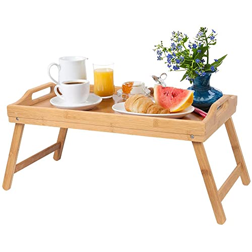 HOME IN SMART Tavolino da Letto Pieghevole, Vassoio da Letto in Bambù 100% con Bordi Rialzati- Vassoio Colazione a Letto, Tavolo da Letto e Poggia PC. Dimensione 50x30x25cm