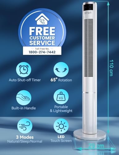 Image of HIFRESH 110CM Tower Fan for Room, Remote & Touch, 3 Speeds &3 Modes, 7H Timer, 25dB Silent Operation, High Speed Bladeless Fan for Home, 65 Oscillation Cover Room up to 25㎡, 50W Low Power Consumption