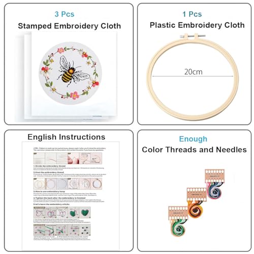 Image of Konrisa Embroidery Kits for Adults Beginner, European Style Bees Collect Honey Stamped Embroidery Starter Kit,DIY Sewing Practice, Needlepoint Cross Stitch Kit,Set of 3