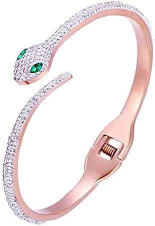 HOSBY Rose Gold Plated Bangle Stainless Steel Crystal Zircon Open Clasp Fashion Snake Bracelet Gift for Women Teen Girls (Rose Gold)