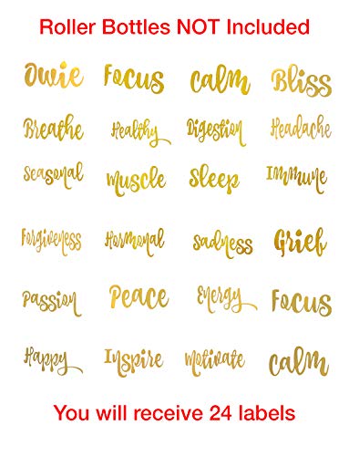 Vinyl Essential Oil Labels Fits 10ml Roller Bottles, 24 Oil Bottle Labels, The Perfect Essential Oil Accessories and Stickers That are Oil Proof and Waterproof (Gold)
