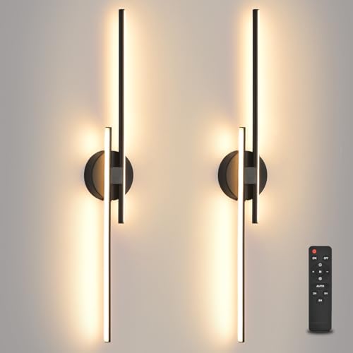 Image of Rechargeable Battery Operated Wall Sconce Set of Two, Black Wireless LED Wall Sconces with Remote Control, Dimmable 3 Colors Cordless Wall Lights for Living Room, Bedroom, Hallway, 31.4 Inch(2pcs)