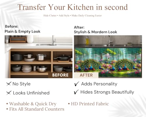 Image of Kitchen Curtains for Sink | Premium Printed Under-Sink Skirt for Kitchen Counter | Washable & Dustproof Rod Pocket Curtain | Home & Cooking Theme Decor (150cm x 70cm) (Forest)