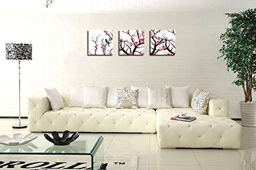 Nan Wind Small Size Traditional Chinese Painting Of Birds On Peach Trees Canvas Prints 3 Panels Wood Framed Peach Blossom Wall Art Plum Flowers Print Painting 12X12Inches 3Pcs/Set #TOP3