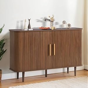 Grepatio 47″ Sideboard Buffet Cabinet with Fluted Slide Doors, Tambour Storage Cabinets with Adjustable Shelves, Credenza Console Mid Century Cabinet for Living Room Hallway Entryway (Brown)