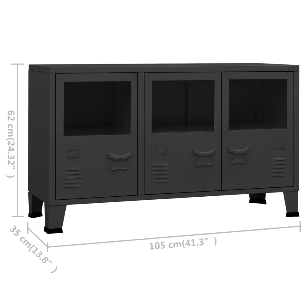 Credenza industriale in metallo e vetro, colore nero, 105 x 35 x 62