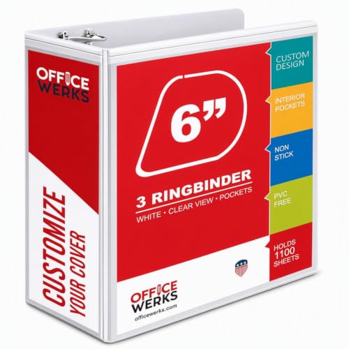 Image of 3 Ring Binders, 6 Inch D Ring Heavy Duty Large Binder with Pockets for 8.5 inch x 11 inch Sheet Size, Durable Non-Stick Customizable Clear View Cover (White)