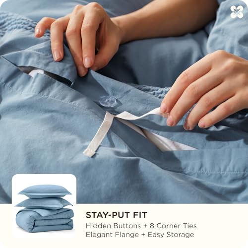 Image of Bedsure Cotton Duvet Cover Queen - 100% Cotton Waffle Weave Grey Blue Duvet Cover Queen Size, PureWoven Breathable Bedding Set for All Season, 3 Pieces, 90 inchx90 inch