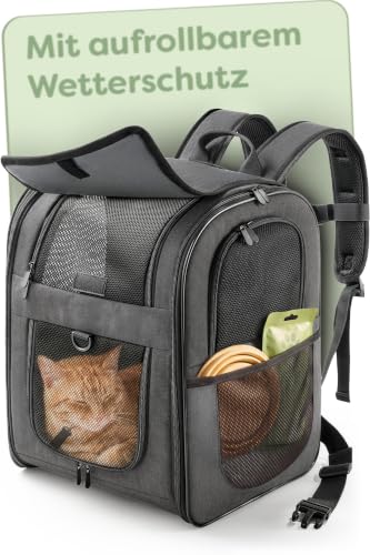Knupis Katzenrucksack & Hunderucksack bis 7kg - Leicht - Dunkelgrau | Überrollbarer Wetterschutz – Brust & Hüftgurt – Sicherheitsleine – Waschbare Einlage – Robust & Wasserabweisend – Faltbar