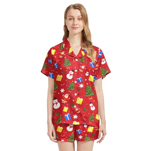 Image of Funny Satin Pajamas Set for Women Button Down Sleepwear Print Pjs Set 2 Piece Short Sleeve Loungewear Gift for Women