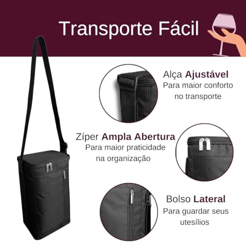 Bolsa Termica Porta Vinhos Oxford 3 Garrafas ou Taças Bag Impermeavel Bolso Abridor Alça de Ombro