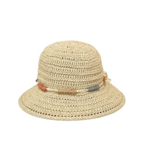Gyios Bucket Hat Hand Woven Hollow Sun Adjustable Tie Decor Wide Brim Uv Protection Summer Headwear -shallow Khaki-m (56-58cm)