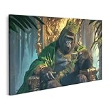islandburner Bild auf Leinwand König Gorilla mit Krone und goldener Tasse in Dschungelhalle für Wohnzimmer Tierliebhaber Zoogeschäft Bilder Wandbilder Poster