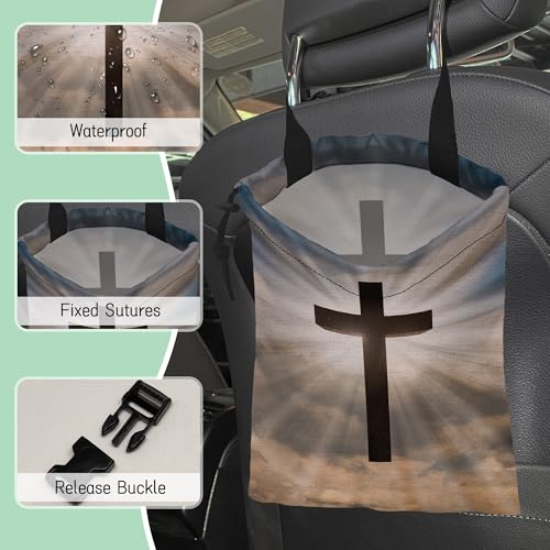 Image of Jesus Christ Cross Car Trash Bag,Hanging Drawstring Car Garbage Bag,Waterproof Canvas Car Back Seat Organizer with Adjustable Buckle,for Vehicles,SUVs,Camping,Road Trips