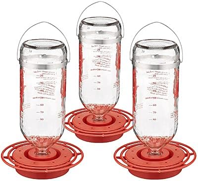 Best-1 Glass Hummingbird Feeders, 32 oz Nectar Capacity, Pack of 3 Hanging Bottle Style Feeders with 8 Ports and Perch Ring for Outdoor Use