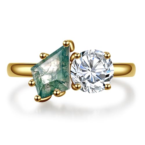Natural Moss Agate Ring Toi Et Moi Ring Promise Ring for her - 925 Sterling Silver Double Stone Ring Kite Cut Moss Agate Engagement Ring for Women Best Gift Wedding Band Size 5-93