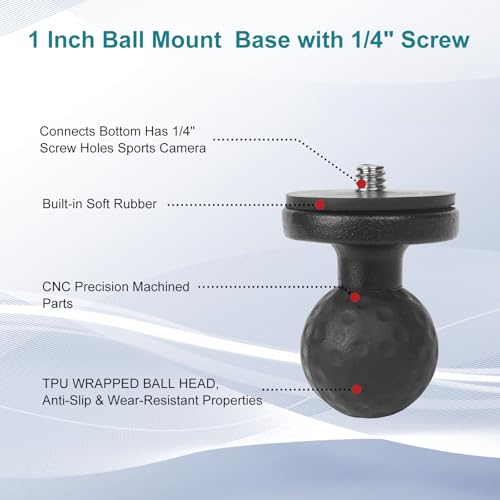 Mechrig 1\" Ball Adapter with 1/4\"-20 Threaded for Action Camera & Camcorder,Aluminum Alloy Ball Adapter Compatible with Double Socket Arm Tripod Mount Adapter Bike Phone Holder -360°Rotating, 75012 - Thumbnail 2