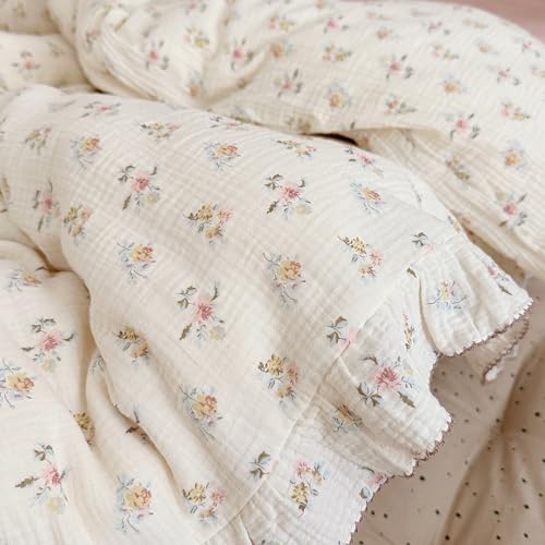 Image of BuLuTu Cotton Muslin Duvet Cover Queen, Chic Shabby Azalea Floral Comforter Cover with Ruffles, Soft Breathable Gauze Quilt Covers for Kids Teens,90 inchx90 inch, Zipper Closure, No Pillow