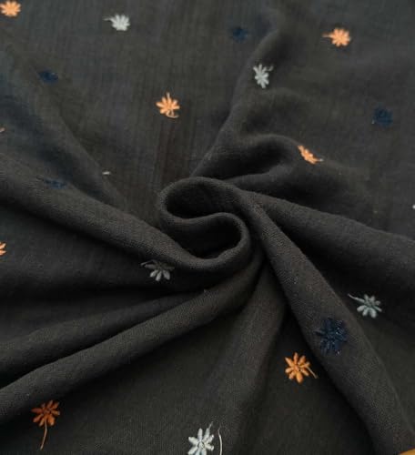 Image of Cotton Chambray Fabric Charcoal Black with Tiny Embroidered Flowers 58" Wide [20790]