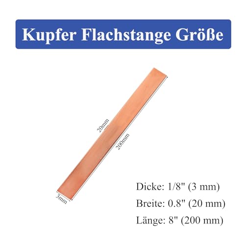 SZLIZHOU 1 Stück Flache Kupferstange, 3mm x 20mm x 200mm kupfer Bus Bar flaches Blatt T2 reines Cu Kupfer Blatt rot kupfer Flache Bus Rechteck Bar für verschiedene DIY (1, 3 * 20 * 200mm)