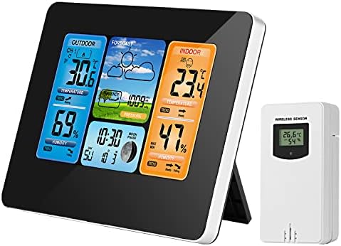 Wireless Weather Stations, Digital Barometer with Outdoor Sensor, Room Thermometer for temperature / Humidity Monitor, Indoor Outdoor Temperature Gauge with Date / LCD / Alarm Functions