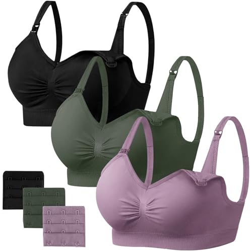 Image of Angelhood Womens Seamless Sleep Nursing Bra,Breastfeeding Maternity Bra with Remove Bra Pads Extenders Pack of 3
