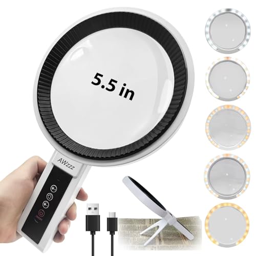 AWzzz Large Magnifying Glass with Light,10X 5.5in Handheld Optics Lens 34 LED with Stand, Anti-Glare Lens to Reduce Eye Strain, Cold Warm Light with 5 Modes for Reading, Lithium Battery