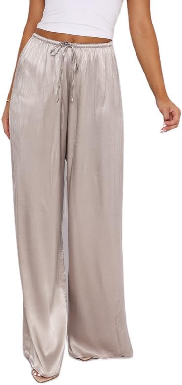 Women's Silky Satin Pajama Pants Lace Trim Wide Leg Loungewear Bottoms Elastic Waist Drawstring Casual Sleep Trousers