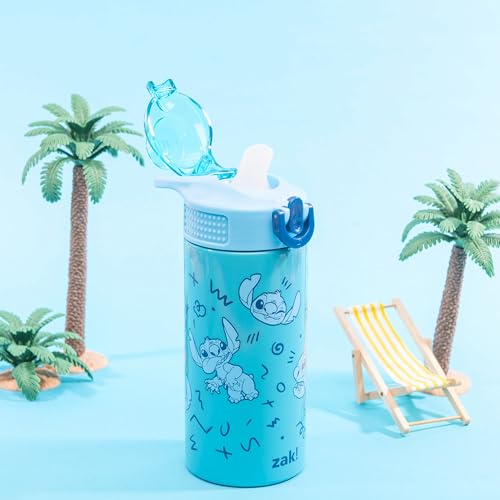 Image of Zak Designs Disney Sage Kids Water Bottle For School or Travel, 14oz Stainless Steel Water Bottle With Straw, Handle, and Leak-Proof, Pop-Up Spout Cover (Stitch)