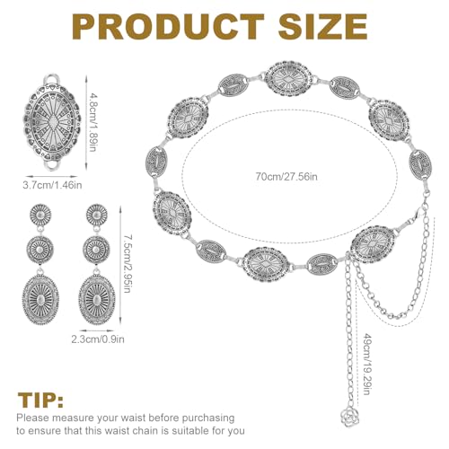 Western Concho Belt and Cowgirl Earrings Set, Silver Exquisite Vintage Oval Elements Waist Chain Dangle Earrings Boho Jewelry Gift for Women Country Concert Outfit2