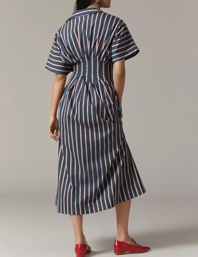 Image of Women Pleated Shirt Maxi Striped Button Down Dress Summer Lapel V Neck Short Sleeve Empire Waist Navy Long Dress