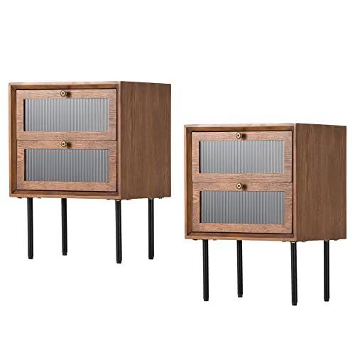 COZAYH Modern Nightstand with 2-Drawer Set of 2 Walnut Wood Grain Bedside Table with Reeded Glass, Metal Handle and Legs, Farmhouse End Table, Retro Brown COZAYH Modern Nightstand with 2-Drawer Set of 2 Walnut Wood Grain Bedside Table with Reeded Glass, Metal Handle and Legs, Farmhouse End Table, Retro Brown