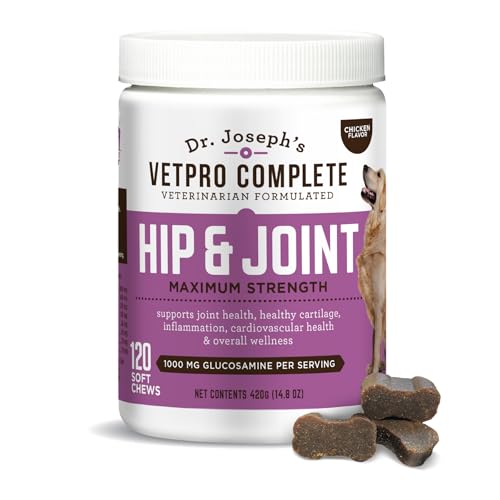 Dr. Joseph’s VetPro Complete Dog Hip and Joint Supplement, 120 Count, Chicken Flavored Pain and Inflammation Relief Chews with Glucosamine, Chondroitin, MSM, Turmeric, Vitamin C, Omega 3