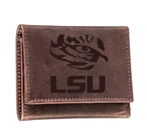Team Sports America NCAA LSU Brown Wallet | Tri-Fold | Officially Licensed Stamped Logo | Made of Leather | Money and Card Organizer | Gift Box Included