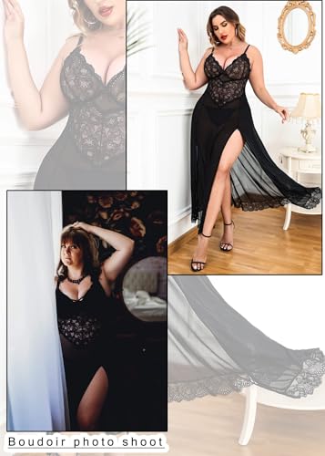 Avidlove Plus Size Lingerie for Women Sexy Lace Babydoll Long Lingerie Dress Side Split Nightgown4
