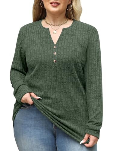 Plus Size Tops for Women Long Sleeve V Neck Button Down Shirts Casual Loose Tunic Sweaters Fall Winter Outfits L-4XL3