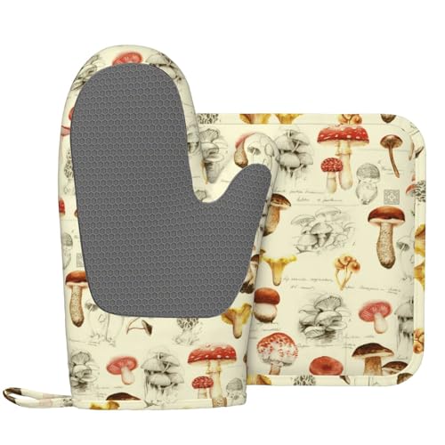 VOOHDDY Mushroom Vintage Retro Oven Mitts and Pot Holders Set of 2 Silicone Heat Resistant Oven Mitten Potholders Non Slip Gloves Kitchen Decor for BBQ Cooking Grilling Baking