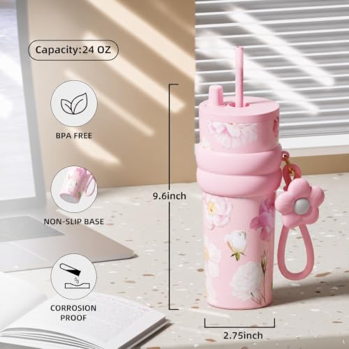 Image of Pink Floral Tumbler for Women, Stainless Steel Tumbler 710 ml, Birthday Graduation Gifts for Women Mom Sister Best Friends, Pink Floral Travel Coffee Gift Gym Travel Yoga Cup