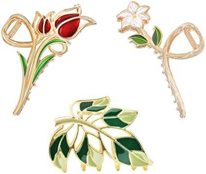 Yonchic 3-Piece Floral Metal Hair Clips, Tulip Orchids Sunflower Hair Claw for Thin/Medium Thick Hair Claws, Elegant Barrettes Strong Hold Hair Clamps Non Slip Cute Hair Catch Clip Accessories