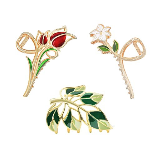 Yonchic 3-Piece Floral Metal Hair Clips, Tulip Orchids Sunflower Hair Claw For Thin/Medium Thick Hair Claws, Elegant Barrettes Strong Hold Hair Clamps Non Slip Cute Hair Catch Clip Accessories #TOP3