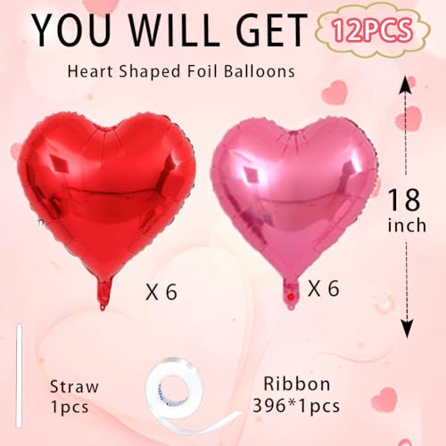 Image of 18inch Pink Heart Balloons,6Pcs Bright Pink Heart Shaped Foil Balloons & 6Pcs Red Helium Mylar Balloon for Anniversary Wedding Engagement Birthday Party Baby Shower Decorations(12Pcs)