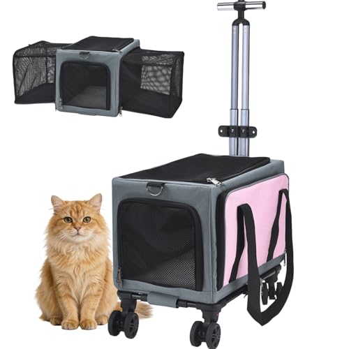 Pet Carrier Airline Approved, Expandable Large Dog Cat Carrier with Wheels, Upgraded Wheels Airline-Approved Cat & Dog Travel Carrier, Rolling Pet Carrier with Removable Pole Platform, Carnation Pink