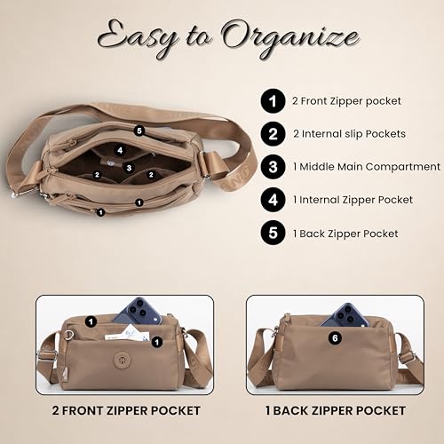 Image of Women's Crossbody Sling Bag, Water-Resistant Nylon Shoulder Handbag with Multiple Zipper Compartments, Lightweight Travel Purse, Shopping, Adjustable Strap Messenger Bag