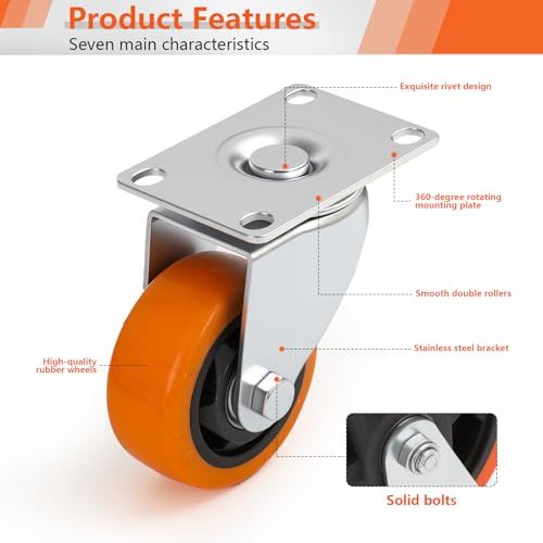 3 Fixé en pouces & Roues de roulettes pivotantes 4, Orange PU Plaque de deux roulettes fixes et deux roulette pivotante offrent un suivi stable et lisse 360° mouvement.
